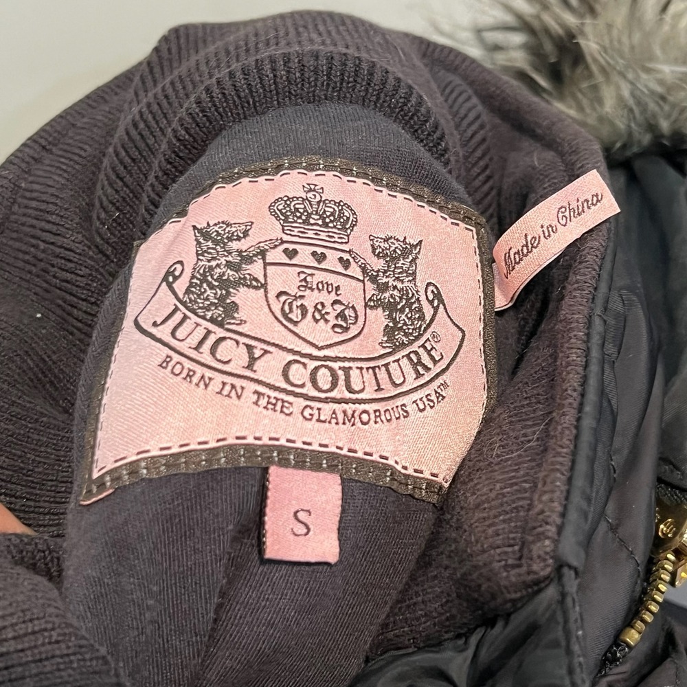 VTG Y2K Juicy Couture Black Quilted Double Down Puffer Jacket Faux Fur Hoodie S - Picture 6 of 9